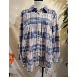 Talbots Classic Cotton Plaid Pearl Button Up Shirt Womens Plus 2X White Blue